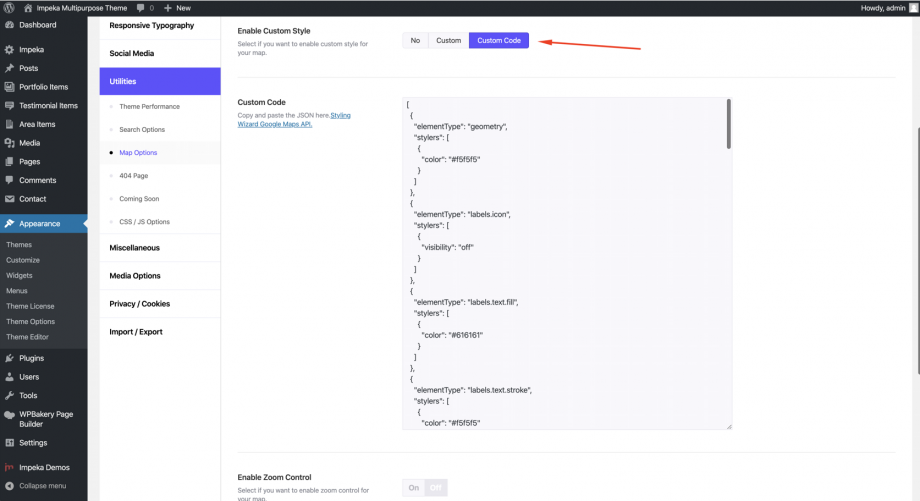 Google Map custom code style in Impeka theme