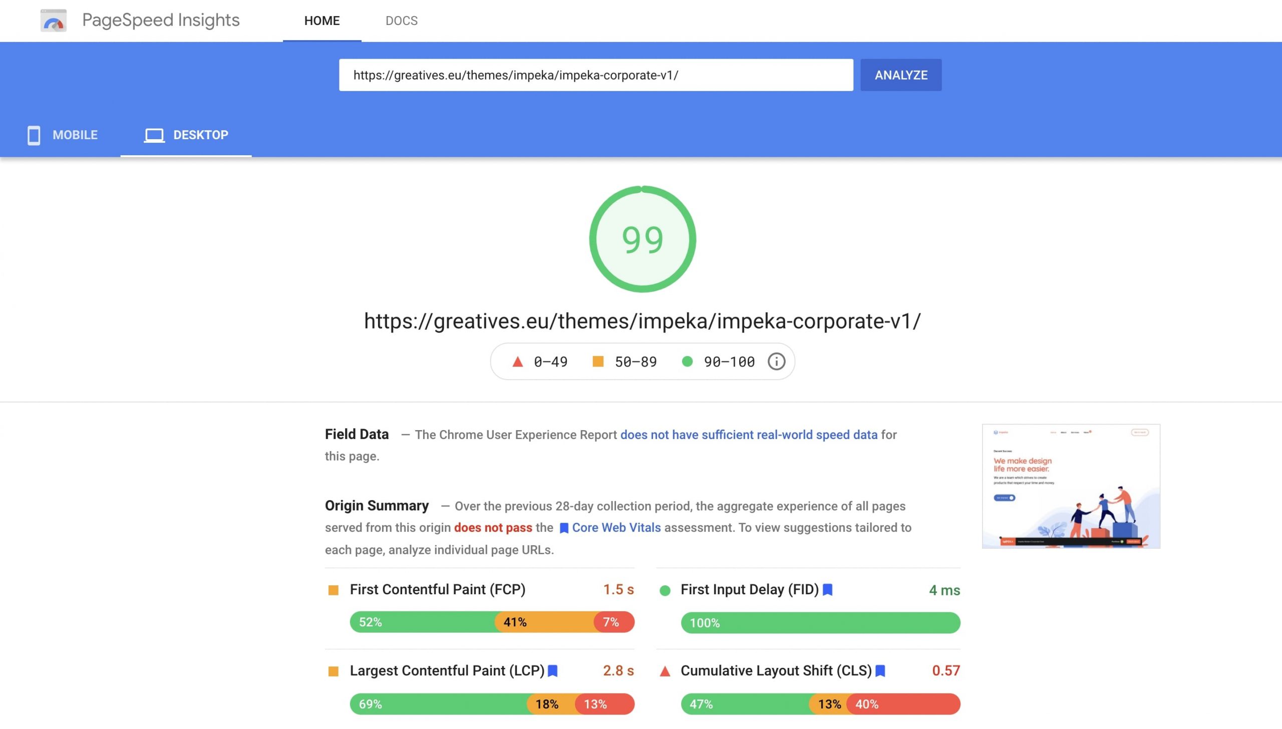 Impeka Corporate on PageSpeed Insights