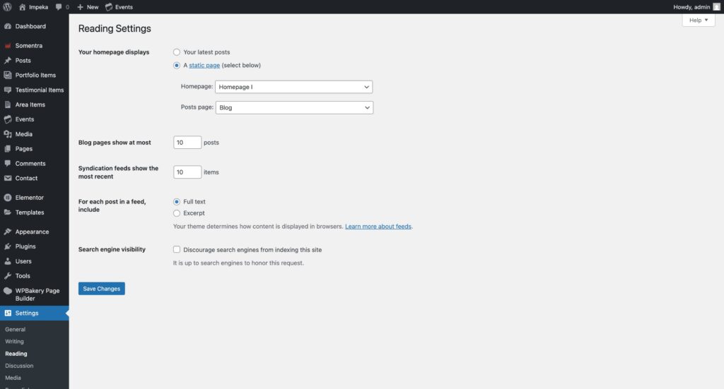 Set the homepage and posts page in Somentra