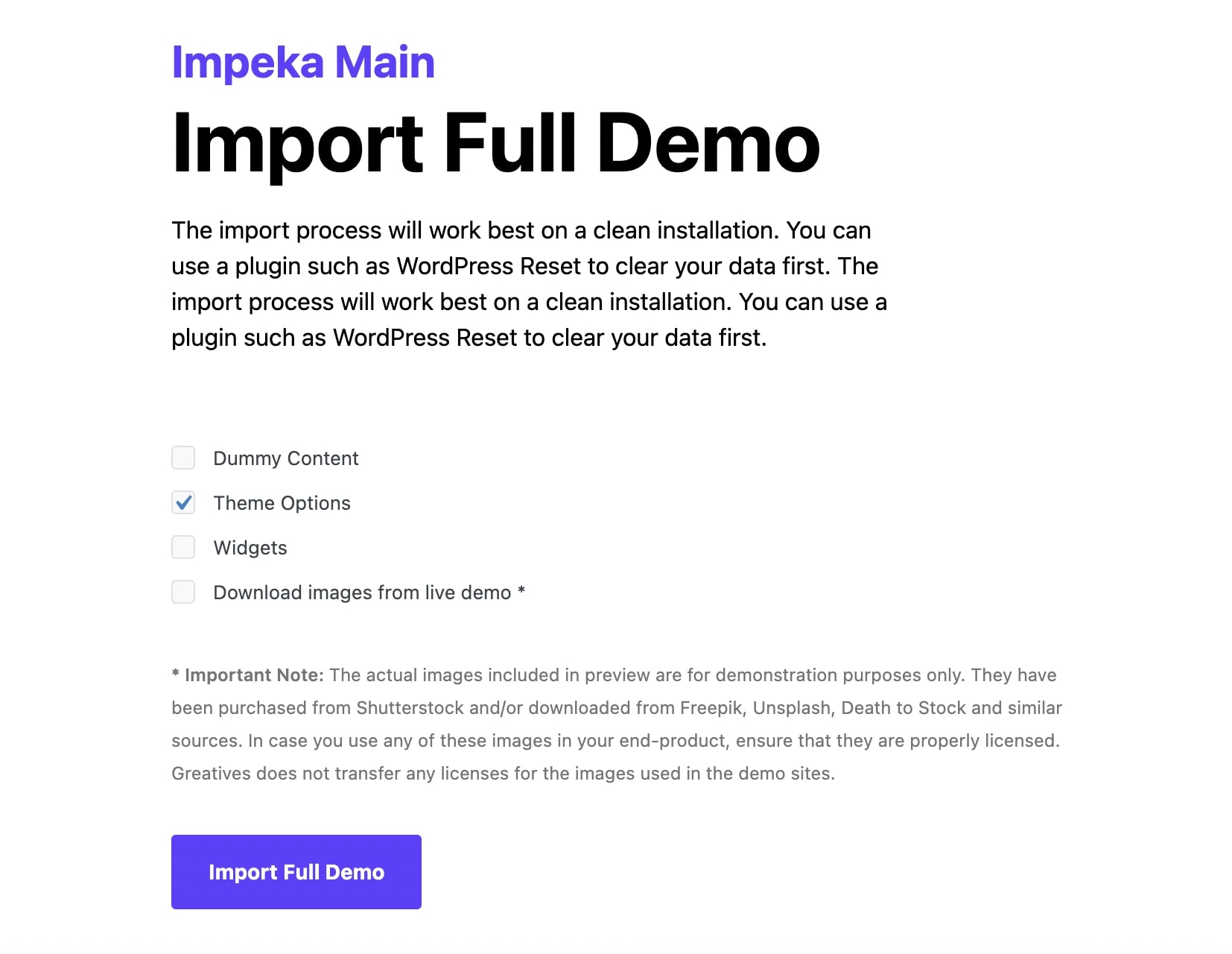 Import Impeka Demo Theme Options