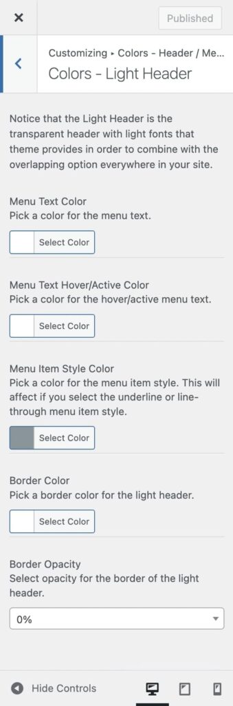 Light Header Color options in Vasty